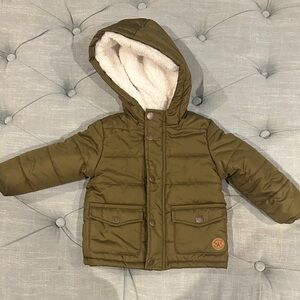 Little Me Olive Puffer Jacket with Cream Fleece